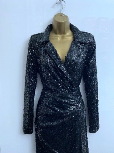 GEORGE LADIES BLACK SEQUIN SPARKLY PARTY DRESS SIZE 10 LONG SLEEVED WRAP FRONT - Picture 9 of 10