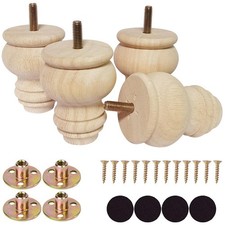 Wooden Furniture Legs Solid Wood Unpainted Round Bun Feet 3 Inch Set of 4