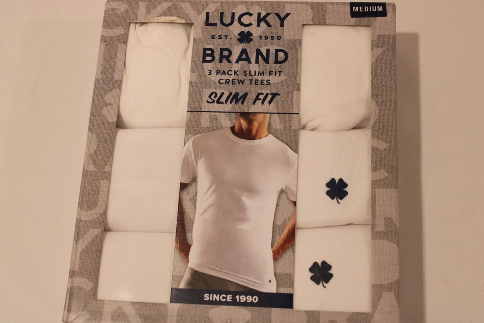 Paquete de 3 camisetas blancas ajustadas cuello redondo talla mediana Lucky Brand para hombre Foto 2 de 4