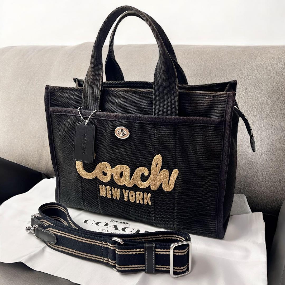 Coach Black Logo Canvas 2-Way Tote Shoulder Handbag Authentic
