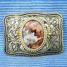 Western Scroll Belt Buckle Cowboy Cowgirl Crazy Lace Agate Mount Vtg 70s .CPA854