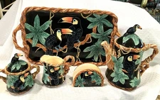 7-piece vintage Majolica Amazon Rain Forest TOUCAN-themed COFFEE or TEA SET