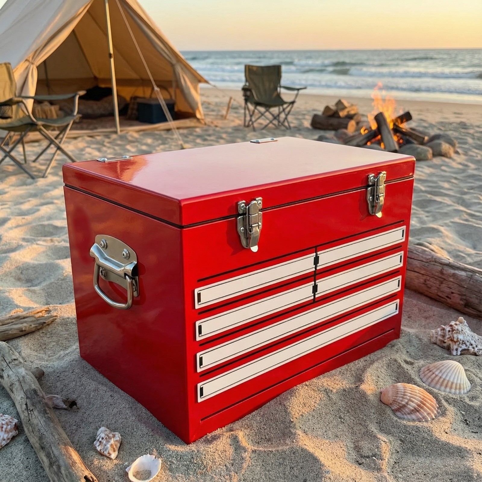 21Qt Red Metal Cooler Beach Camping Surf Trip Sand-Proof Coastal Party Ice Box