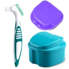 Denture Bath Case Cup with Cleaner Brush Retainer Holder Box, Blue