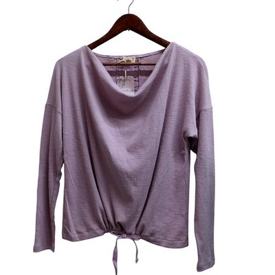 Hem & Thread Waffle Knit Tie Front Cropped Lilac Lace Detail Sz S / #26137