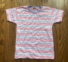 Vintage 90s AOP Kids T Shirt Size 10 Fish Geometric USA Made Pink Striped