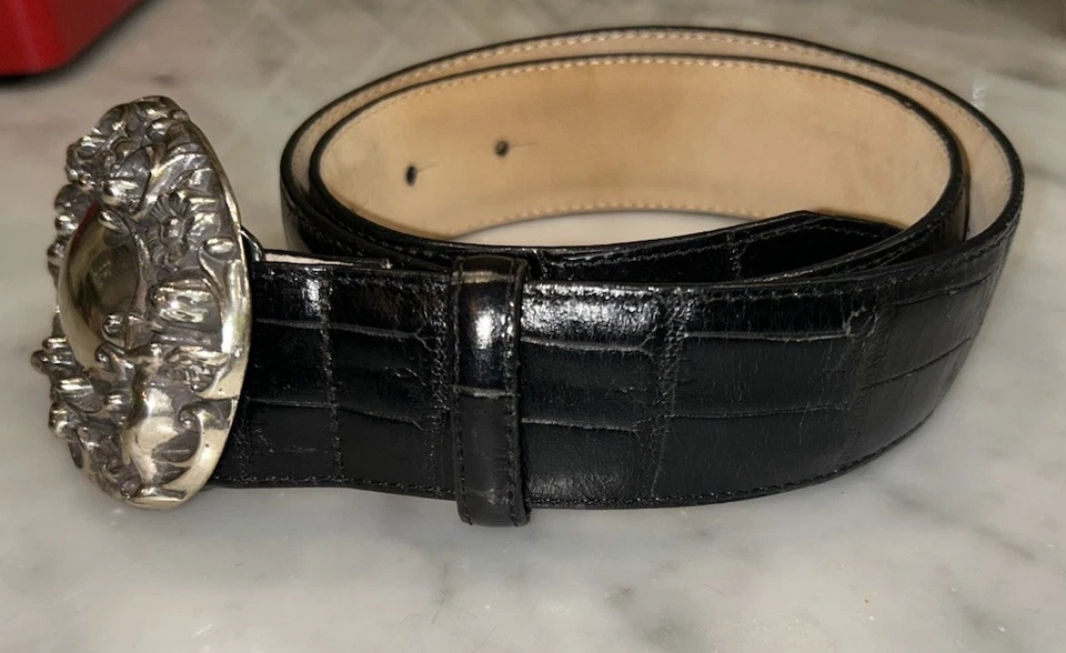 Cinturón Brighton 1994 tono plata medallón concho cuero querubín suroeste negro Foto 3 de 4