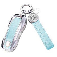 for Porsche Key Fob Cover with Keychain, Blue Leather Fit for Porsc,he