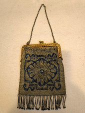 Antique Victorian French Steel Micro Bead Fringe Purse Clutch Floral AS IS READ