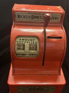 VINTAGE METAL Bank-UNCLE SAM'S  3-COIN Register Bank RED