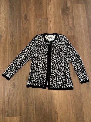 Exclusively Misook Giraffe Print Full Zip Top Cardigan Jacket Large Black White