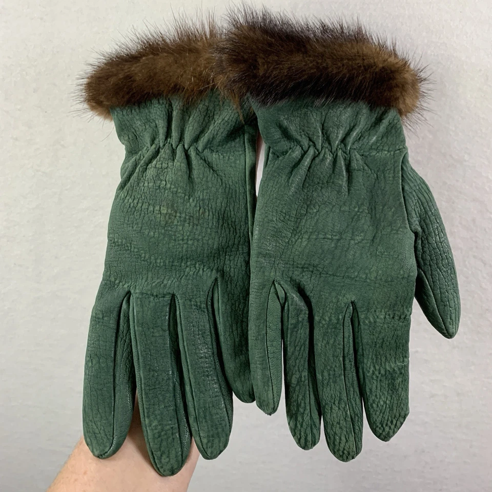 Guantes de cuero suave recortados de piel de cachemir vintage para mujer talla 7,5 verde Italia Foto 2 de 4