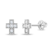 14k White Gold Clear Cubic Zirconia Little Cross Screw Back Earrings for Girl...
