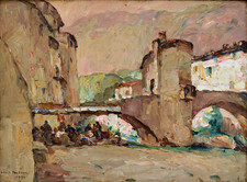 PASTOUR Louis (1876-1948) "Lavandières sous le pont de Sospel" Provence Cannes