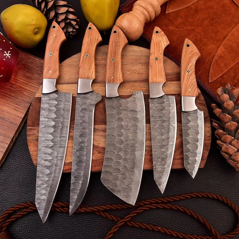 Handmade Damascus Steel Chef Knife Set, Wooden Handle, Leather Sheath
Opens in a new window or tab
