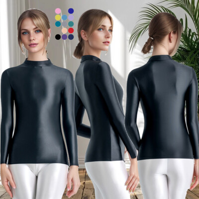 MJINM Damen Glitzer Stretch Langarm Basic Tight Tops Slimming Ultrathin T-Shirts