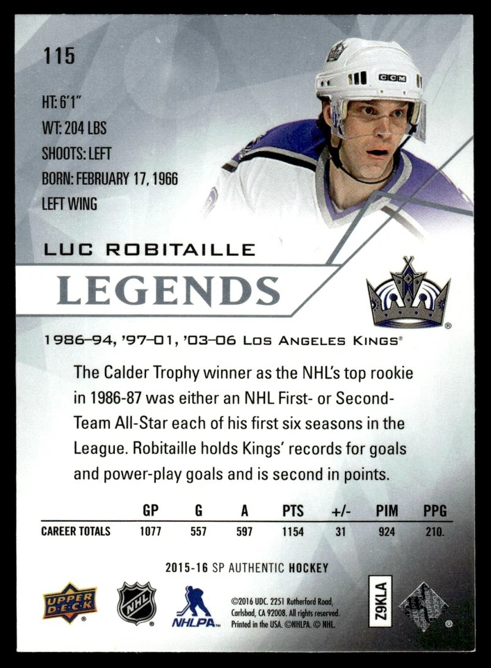 2015-16 SP Authentic LEGENDS Luc Robitaille Los Angeles Kings #115 - Image 2 of 2