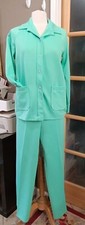 Vintage Pant Suit Polyester Pull On 70sGreen Button Up Jacket Long Sleeve