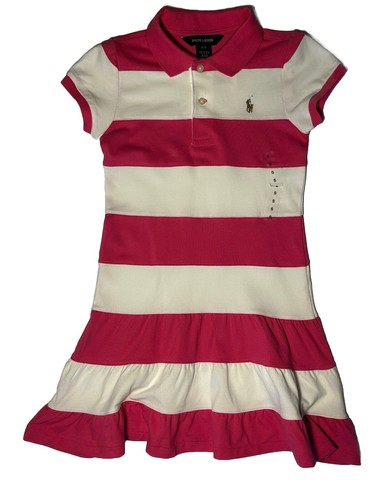 New Polo Ralph Lauren Big Girls Mesh Polo Dress Pink White Stripe Small Size 7
