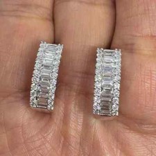 Real Moissanite 2.90Ct Baguette Cut Huggie Hoop Earrings 14K White Gold Plated
