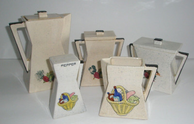 Mid Century Modern Kitchen Set Creamer Sugar Bowl Pepper Geometric Shape Read