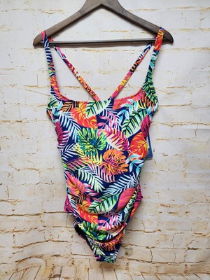 Caribbean Joe One Piece Swim Suit 14 Floral Tropical Adjustable Strap $108 New