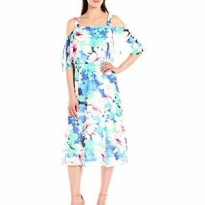Nine West Floral-Print Cold-Shoulder Midi Dress - Blue 6 Nine West Floral-Print Cold-Shoulder Midi Dress - Blue 6