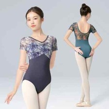Women Ballet Leotards Floral Dance Leotards V Neck Mesh Short Sleeve Gymnastic