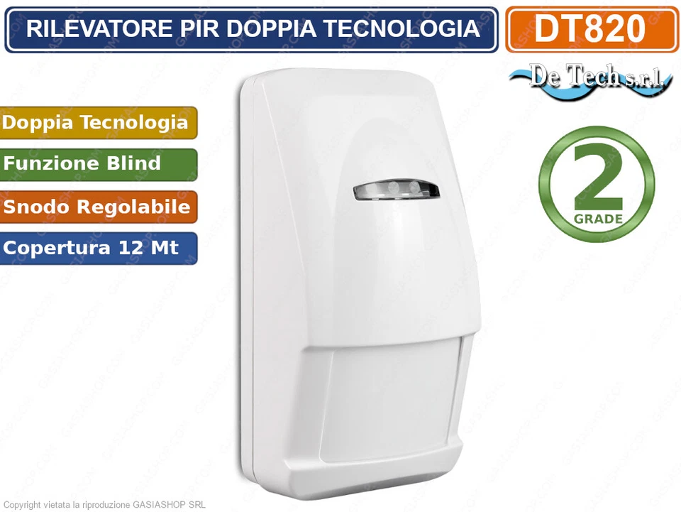 PIR SENSORE RIVELATORE A DOPPIA TECNOLOGIA 12 METRI GRADO 2 BLIND DETECH DT820