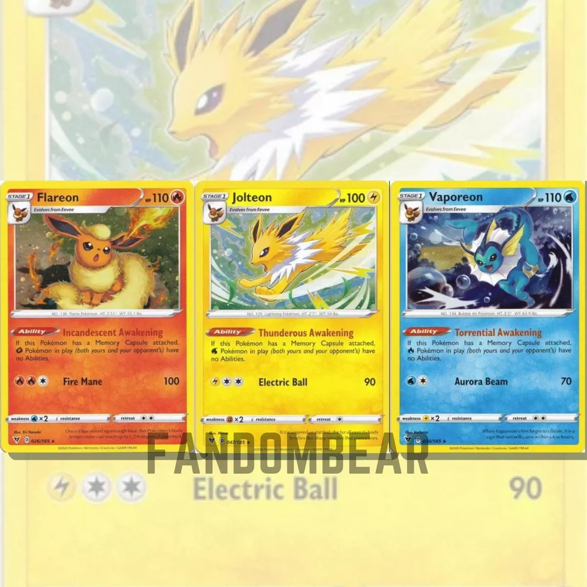 Jolteon Flareon Vaporeon Eevee - Vivid Voltage - Evoltuion Pokemon Card Lot  - Rare 4 Card Set - 047/185-026/185-030/185