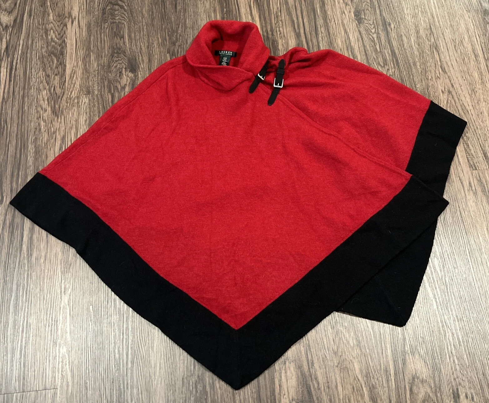 Ralph Lauren Cape Lambswool Laine Leather Buckles Poncho Wrap Red Black Size S/M