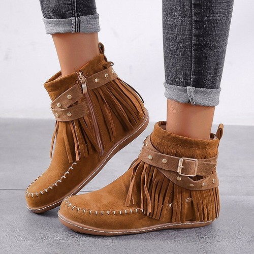 Women's Fringe Moccasins Side Zipper 