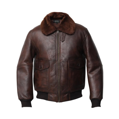 Mens A-2 Aviator Flight Jacket Fur Collar Real Leather Bomber Brown Pilot Jacket