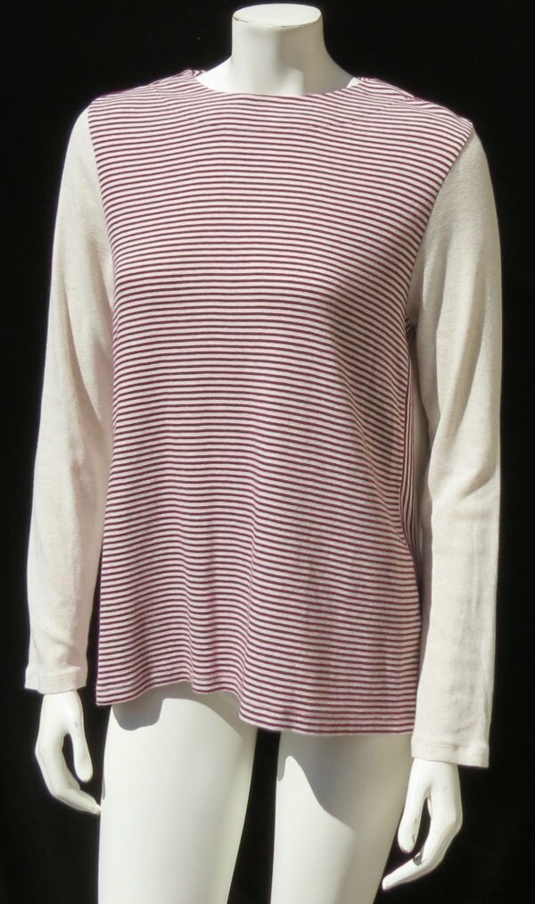 J JILL Perfect Pima Cotton Oatmeal Burgandy Stripe A Line L/S Tee Shirt
