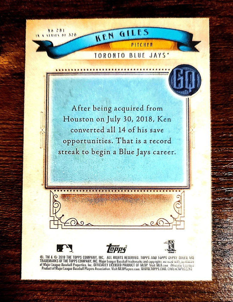 2019 Topps Gypsy Queen Ken Giles Purple #281 - Image 2 of 2