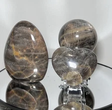 Black Moonstone 3 Piece Set - Freeform, Heart, & Sphere 61mm w/holder