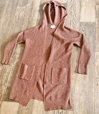 Women s Brown Solid Knit V-Neck Hooded Open Front Long Sleeve Pocket Cardigan M