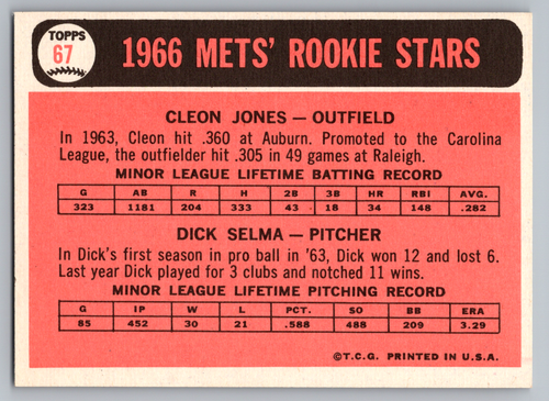 1966 TOPPS #67 DICK SELMA ROOKIE & CLEON JONES METS - Picture 2 of 3