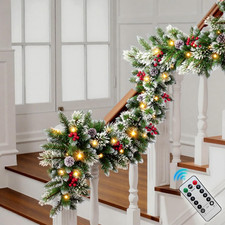 9FT Christmas Garland with Light,Pre-Lit Realistic Pine Cones/Berries Multicolor