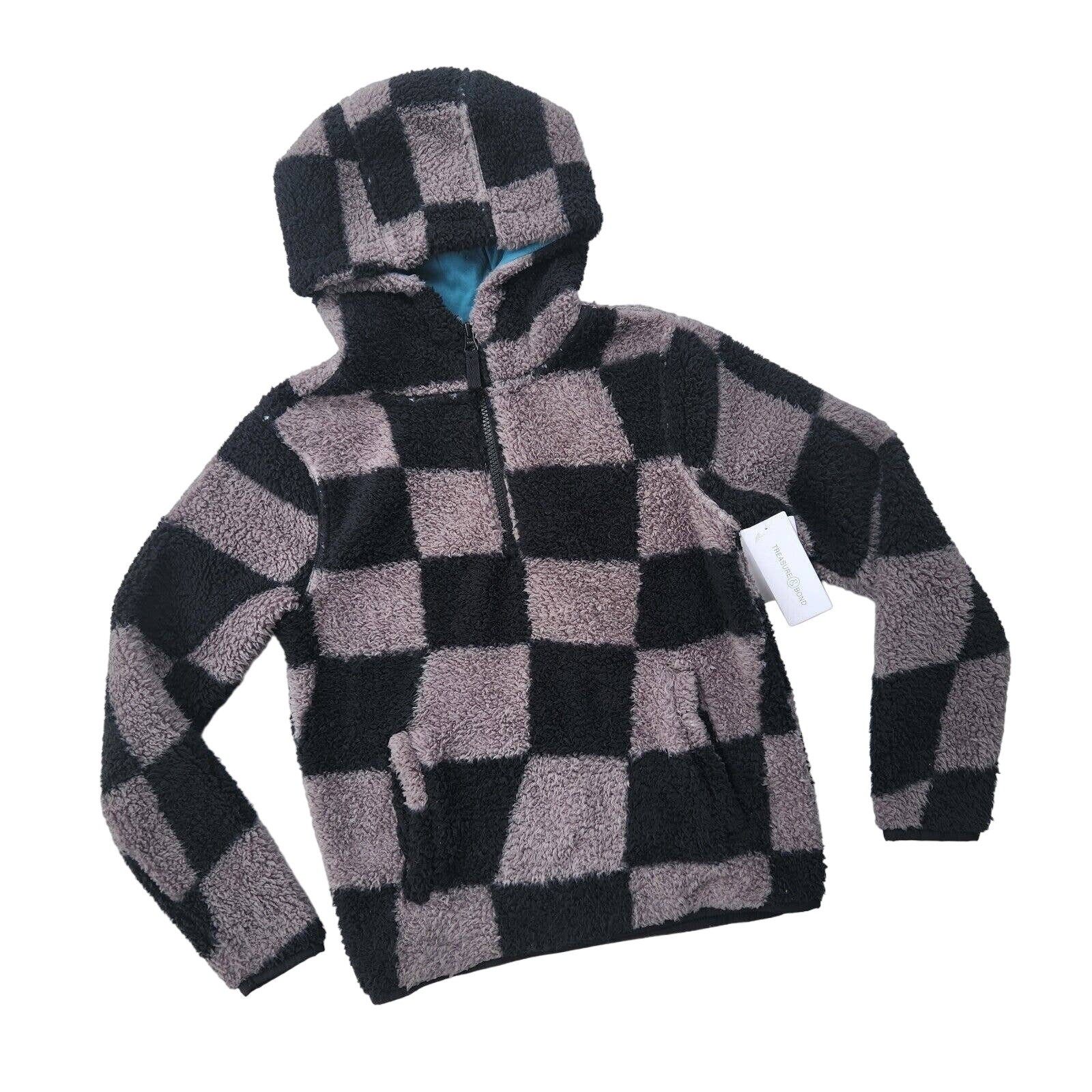 Treasure & Bond Boy's Fleece Gray/Black Check Anorak Hoodie Kids Size XL / 14-16