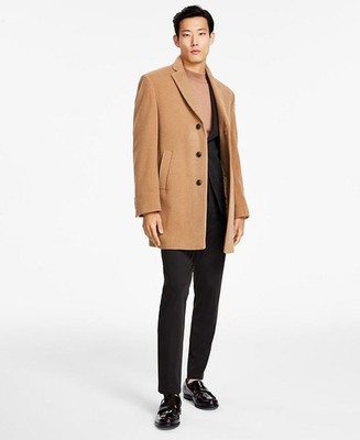 Calvin Klein Men's Prosper Wool-Blend Slim Fit Overcoat Coat 38R Camel