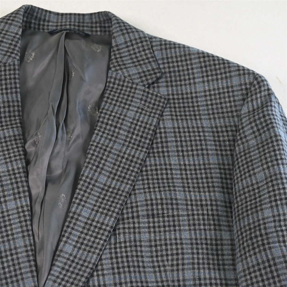 Ralph Lauren 48L Blue Gray Check Silk Wool Mens Blazer Suit Jacket Sport Coat - Image 2 of 4