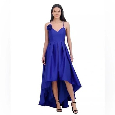 Eliza J Blue Rosette Pleated High-Low Cocktail Dress Size $228