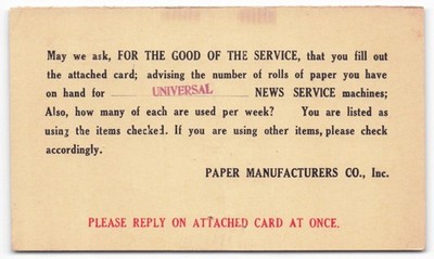 1934 Universal News Service Paper Manufacturers Co. Philadelphia Postcard