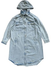 Fashion Nova Womans Light Wash Denim Distressed Hooded Shacket Dress Size Small