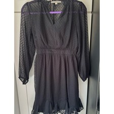LOFT Petites Women's 0P Black Swiss Dot Chiffon Long Sleeve Ruffle Dress 0070