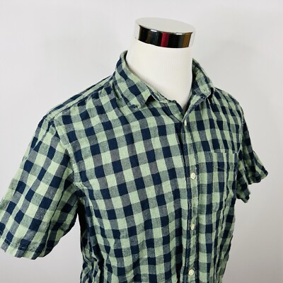Gap Large Linen Cotton Blend Shirt Green Blue Plaid Short Sleeve Button Front