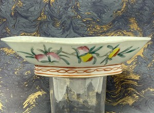 Antique Chinese Lobe Shaped 8.25" Pedestal Bowl with Peaches & Peach Blossoms