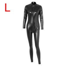 Sexy Women Wetlook Leather Catsuit 2-Way Zipper Shiny Bodysuit Clubwear Jumpsuit