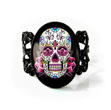 Pink Day of the Dead Sugar Skull Jet Black Filigree Ring